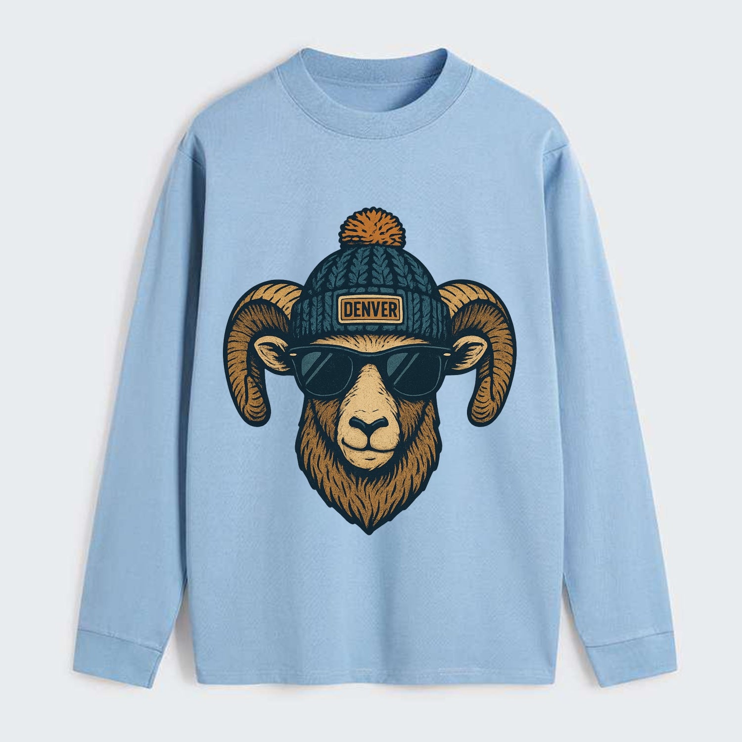 Colorado Rocky Mountain Bighorn Sheep wearing Denver beanie with pom - Classic Long Sleeve Shirt - Light Blue