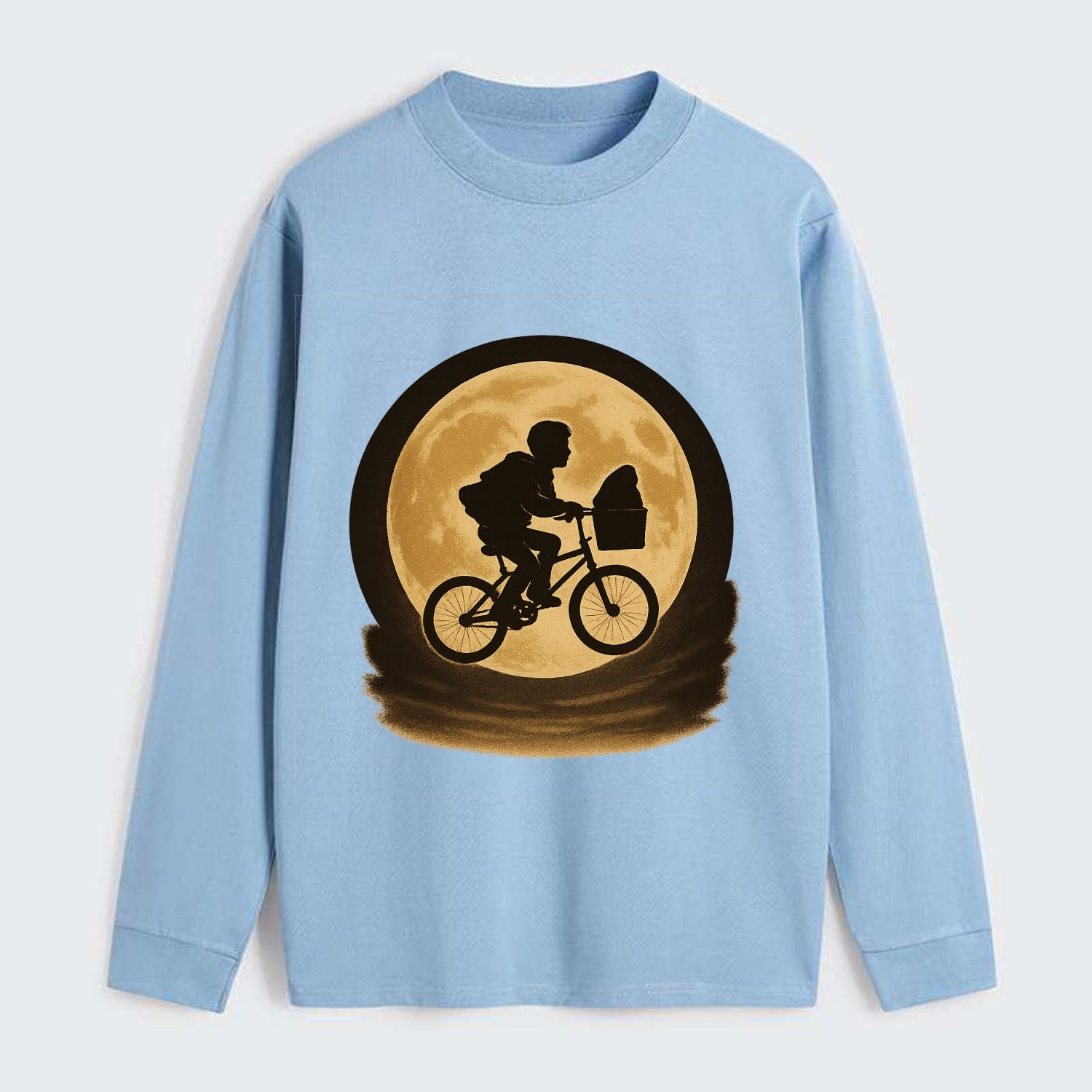 boy with bicycle flying across full moon with silhouette - Classic Long Sleeve Shirt - Light Blue