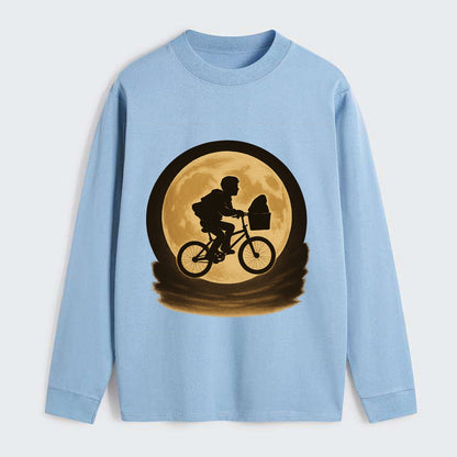 boy with bicycle flying across full moon with silhouette - Classic Long Sleeve Shirt - Light Blue