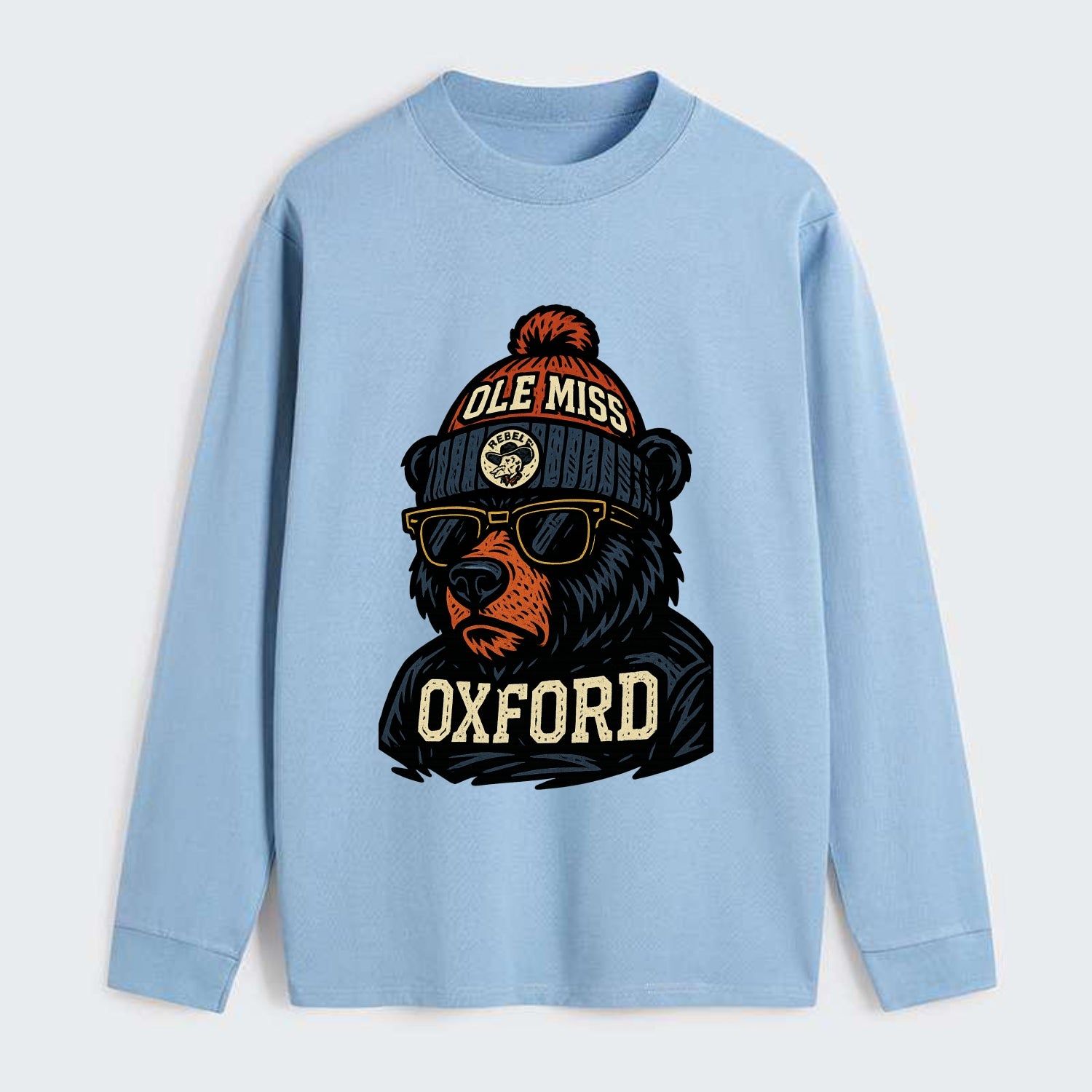 Oxford Black Bear wearing Ole Miss beanie with rebel patch - Classic Long Sleeve Shirt - Light Blue