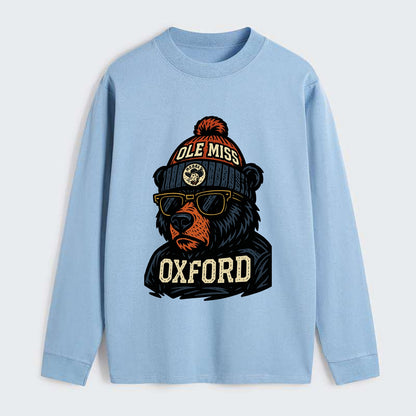 Oxford Black Bear wearing Ole Miss beanie with rebel patch - Classic Long Sleeve Shirt - Light Blue