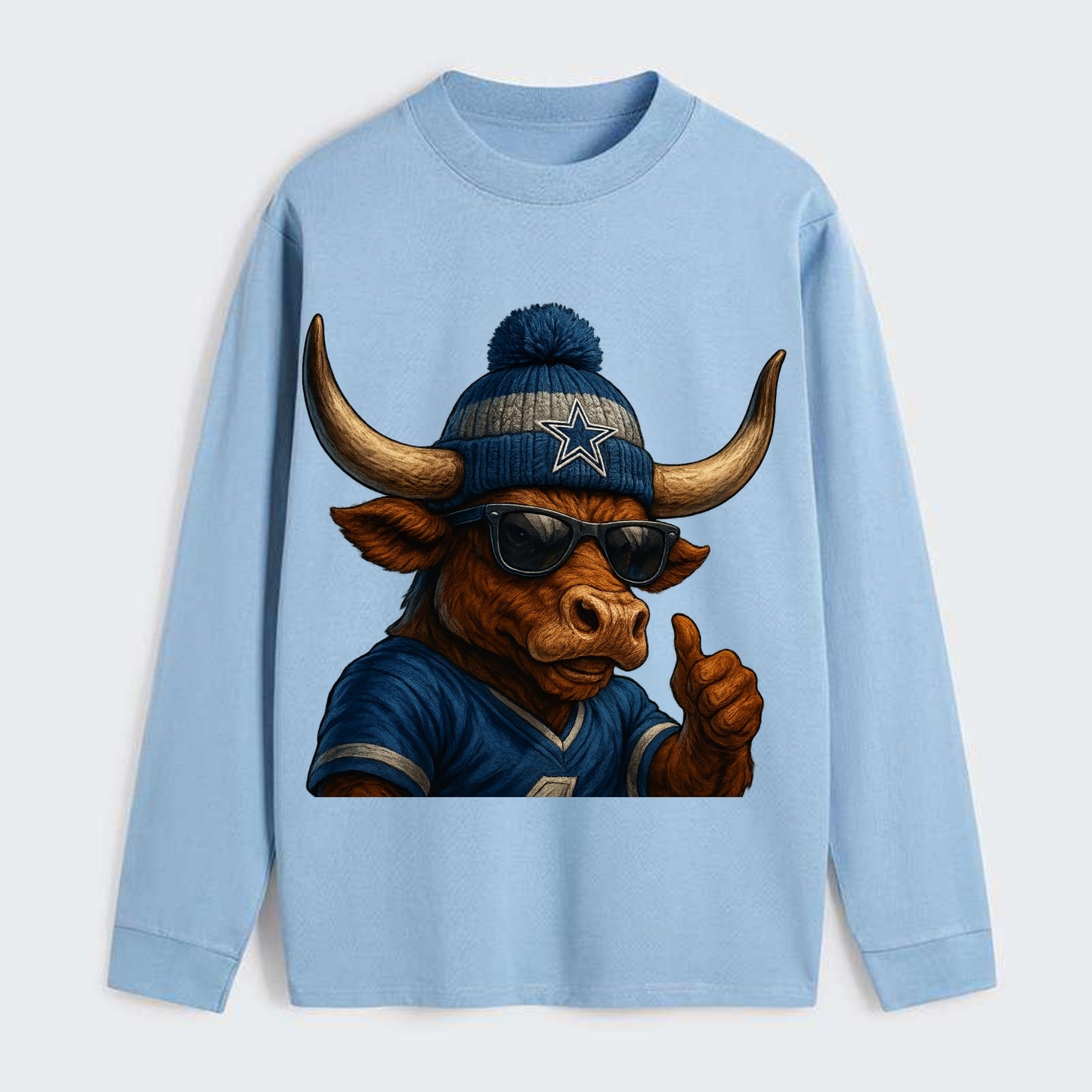 Texas Longhorn wearing Cowboys silver and blue beanie with star and - Classic Long Sleeve Shirt - Light Blue