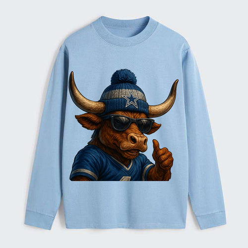 Texas Longhorn wearing Cowboys silver and blue beanie with star and - Classic Long Sleeve Shirt