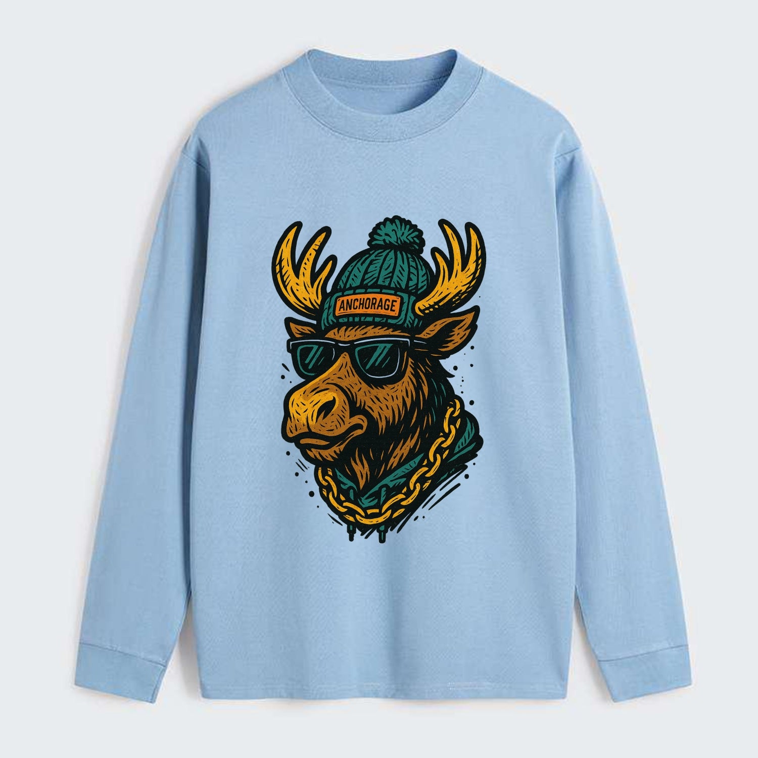 Alaska Moose wearing Anchorage beanie with pom pom and wayfarer - Classic Long Sleeve Shirt - Light Blue