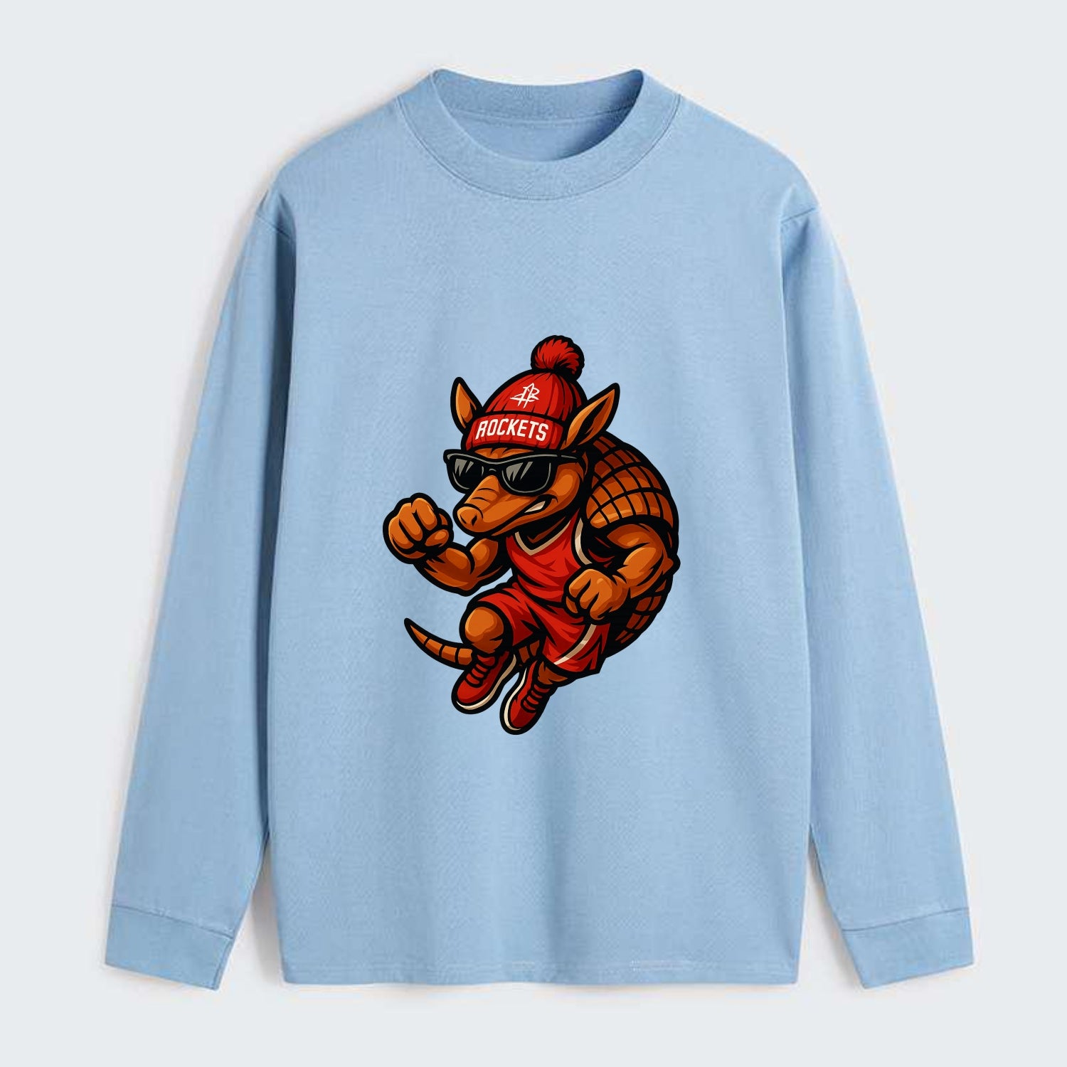 Houston Armadillo wearing Rockets red and silver beanie with rocket - Classic Long Sleeve Shirt - Light Blue