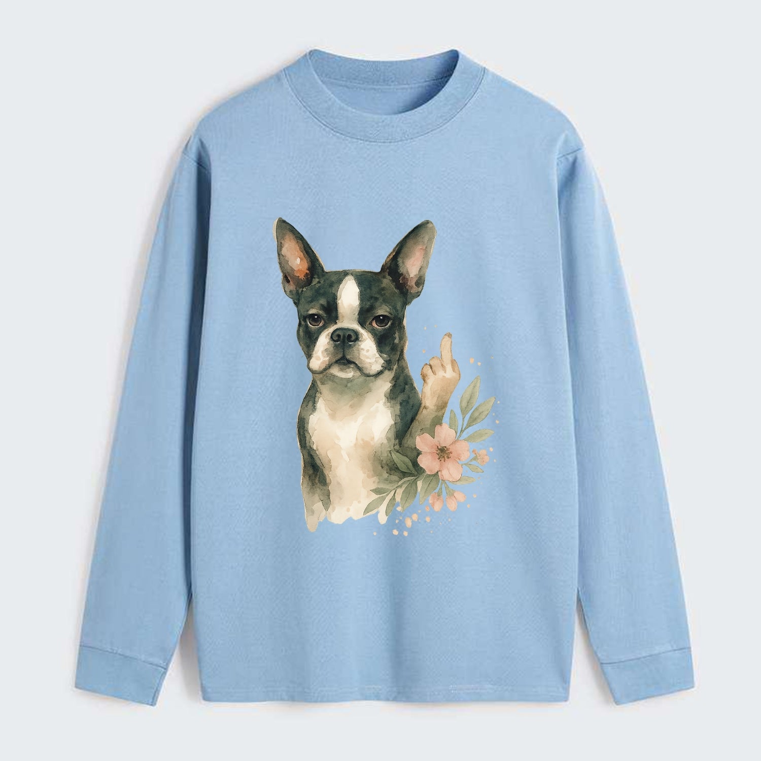 Boston Terrier with tuxedo markings, perky ears, paw up giving sass - Classic Long Sleeve Shirt - Light Blue