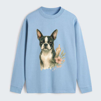 Boston Terrier with tuxedo markings, perky ears, paw up giving sass - Classic Long Sleeve Shirt - Light Blue
