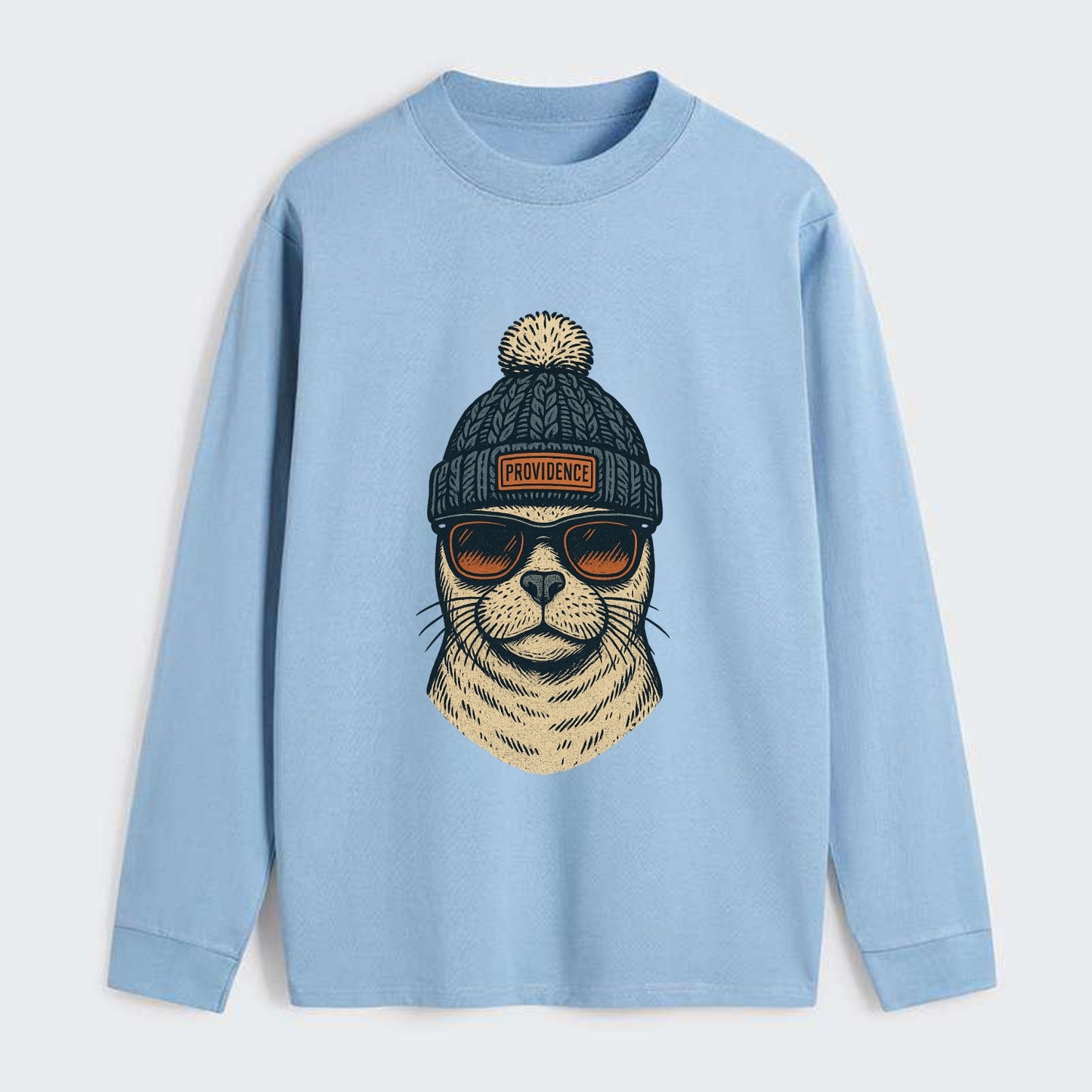 Rhode Island Harbor Seal wearing Providence beanie with pom pom and - Classic Long Sleeve Shirt - Light Blue