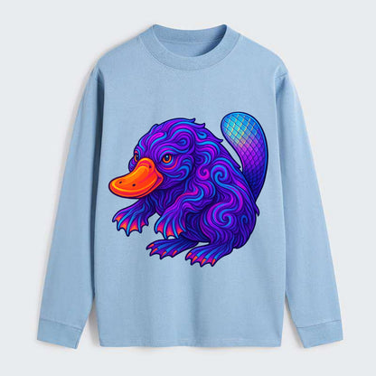 Quirky platypus with bill glowing in neon orange, beaver tail with - Classic Long Sleeve Shirt - Light Blue