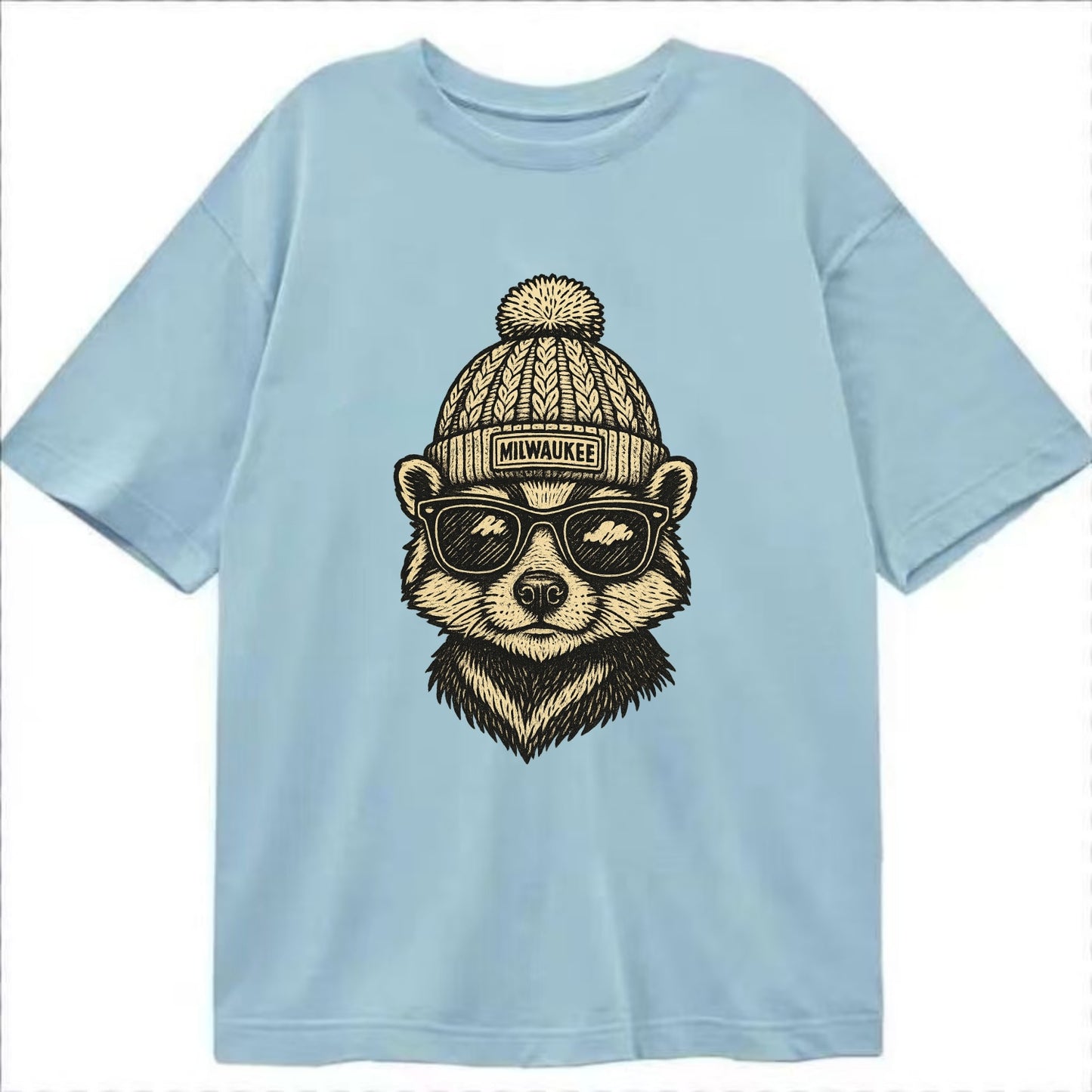 Wisconsin Badger wearing Milwaukee beanie with pom pom and wayfarer sunglasses - Classic T-shirt - Light Blue