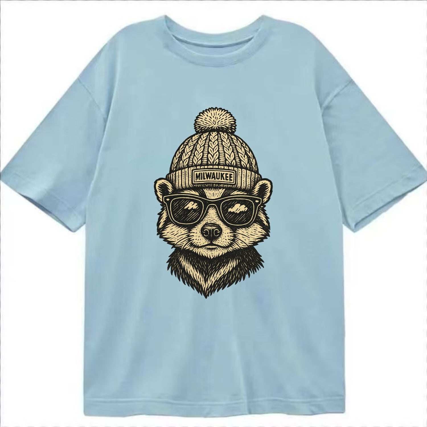 Wisconsin Badger wearing Milwaukee beanie with pom pom and wayfarer sunglasses - Classic T-shirt - Light Blue