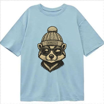 Wisconsin Badger wearing Milwaukee beanie with pom pom and wayfarer sunglasses - Classic T-shirt - Light Blue