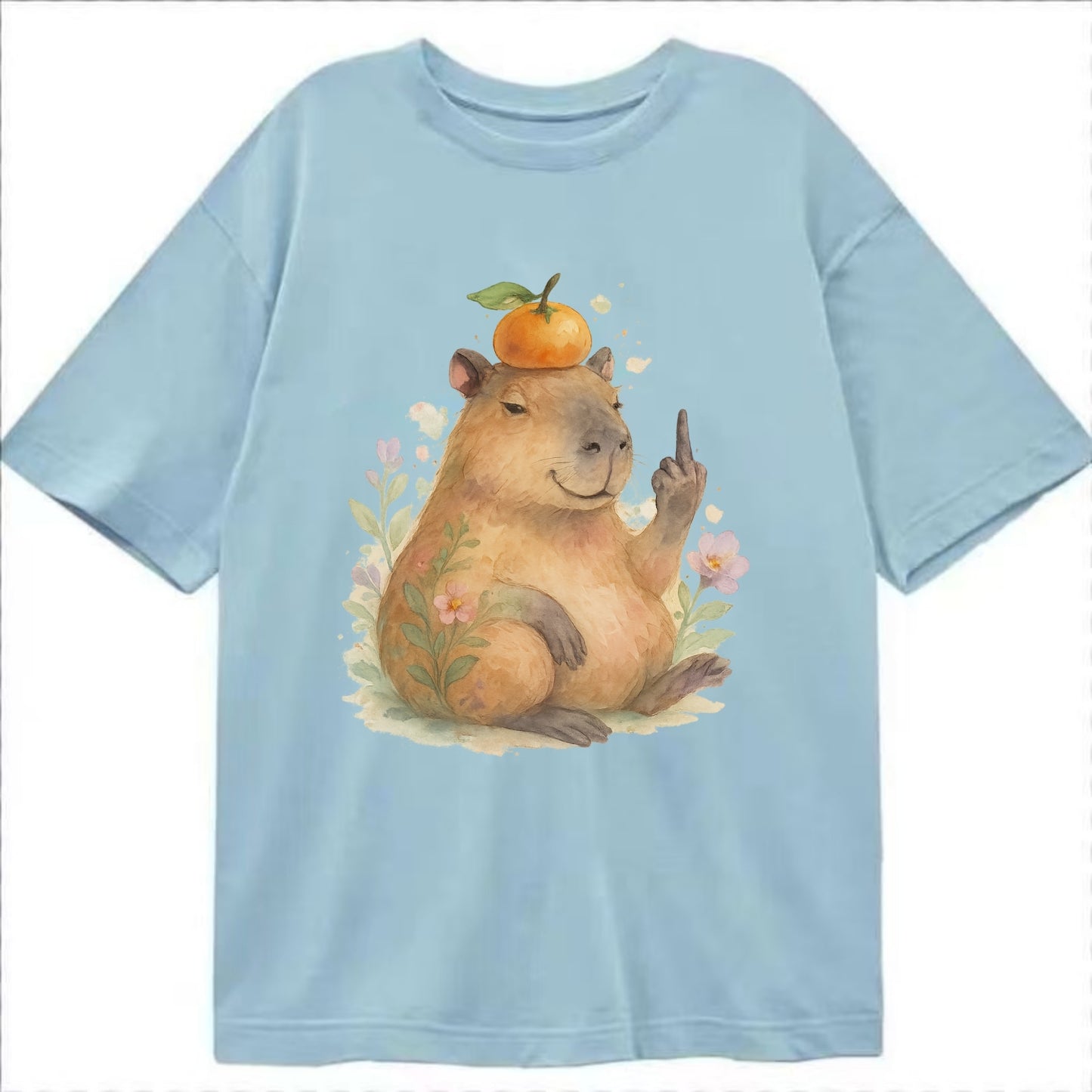 chonky capybara relaxing with orange on head, one webbed middle finger up - Classic T-shirt - Light Blue