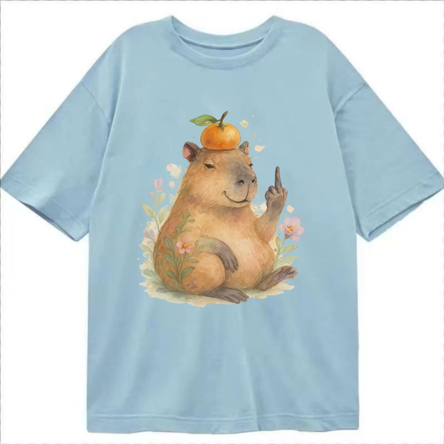 chonky capybara relaxing with orange on head, one webbed middle finger up - Classic T-shirt - Light Blue