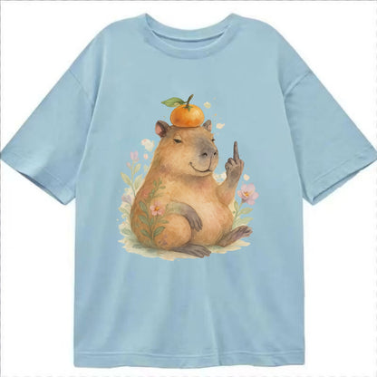 chonky capybara relaxing with orange on head, one webbed middle finger up - Classic T-shirt - Light Blue