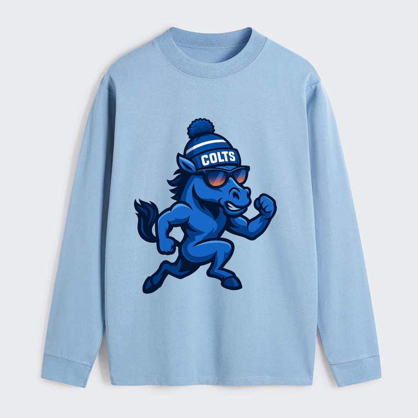 Indianapolis Colt Horse wearing Colts blue and white beanie with pom - Classic Long Sleeve Shirt - Light Blue