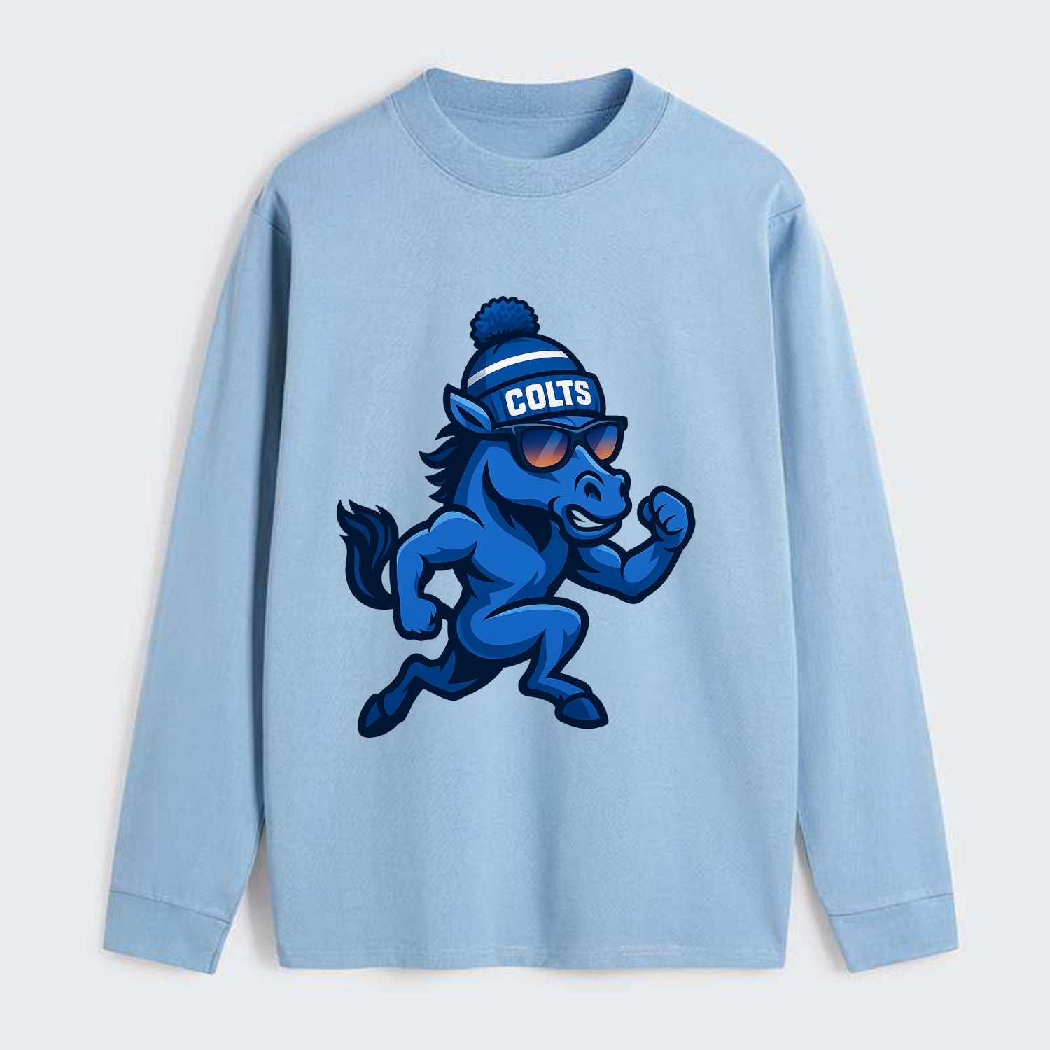 Indianapolis Colt Horse wearing Colts blue and white beanie with pom - Classic Long Sleeve Shirt - Light Blue