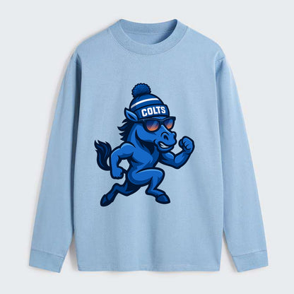 Indianapolis Colt Horse wearing Colts blue and white beanie with pom - Classic Long Sleeve Shirt - Light Blue