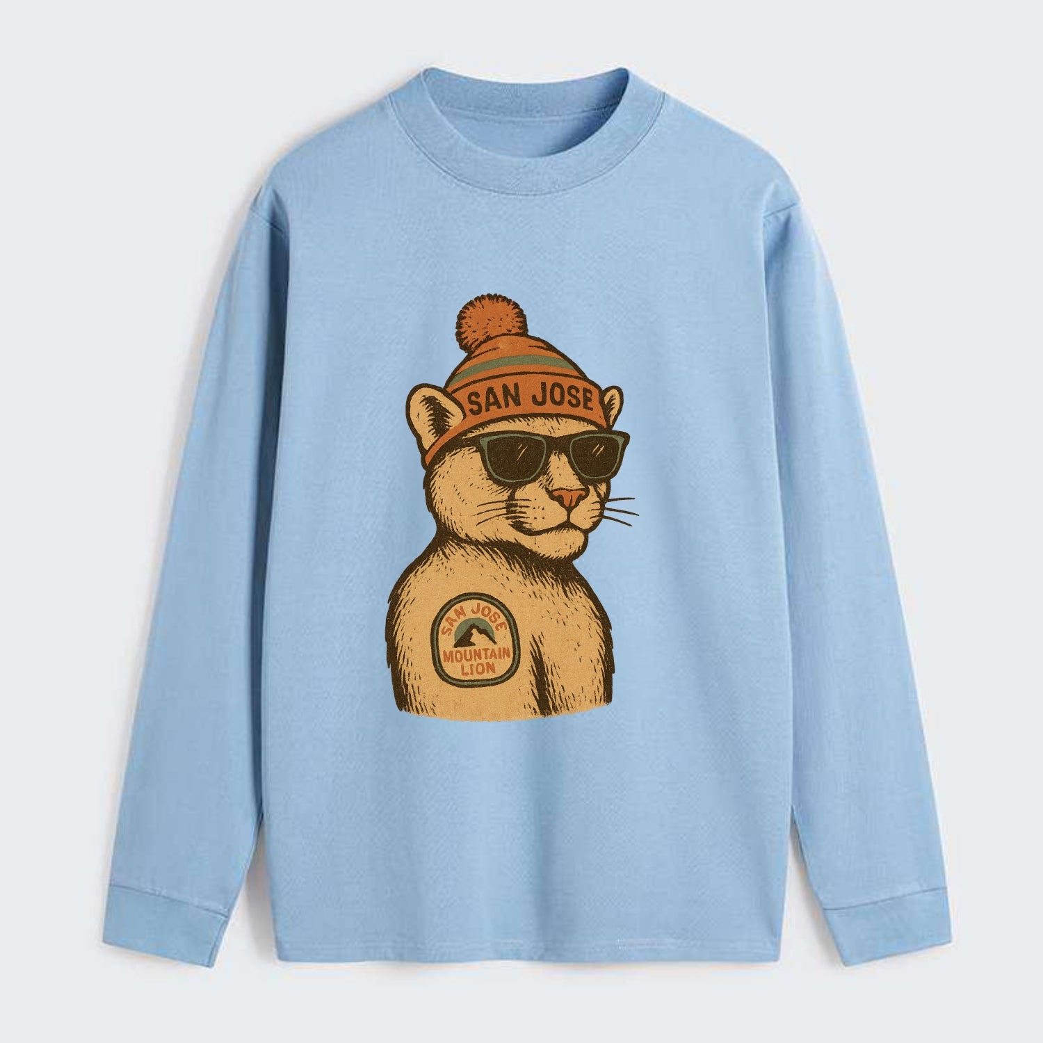 San Jose Mountain Lion wearing San Jose beanie with pom pom and - Classic Long Sleeve Shirt - Light Blue