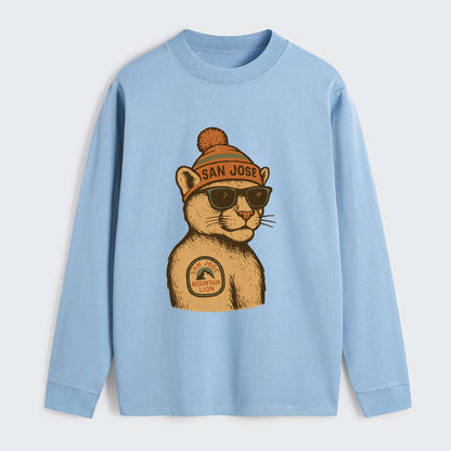 San Jose Mountain Lion wearing San Jose beanie with pom pom and - Classic Long Sleeve Shirt - Light Blue
