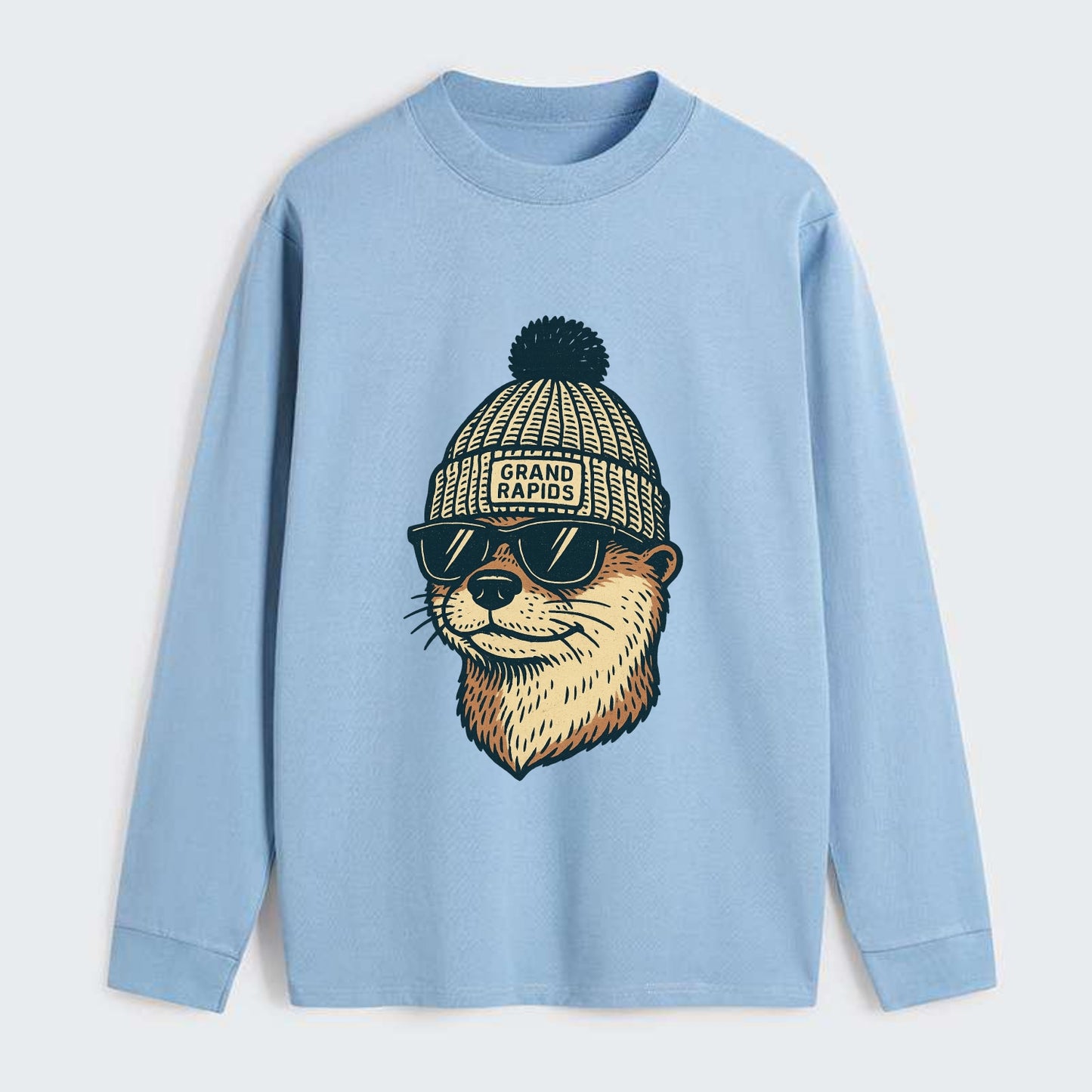Grand Rapids River Otter wearing Grand Rapids beanie with pom pom and - Classic Long Sleeve Shirt - Light Blue