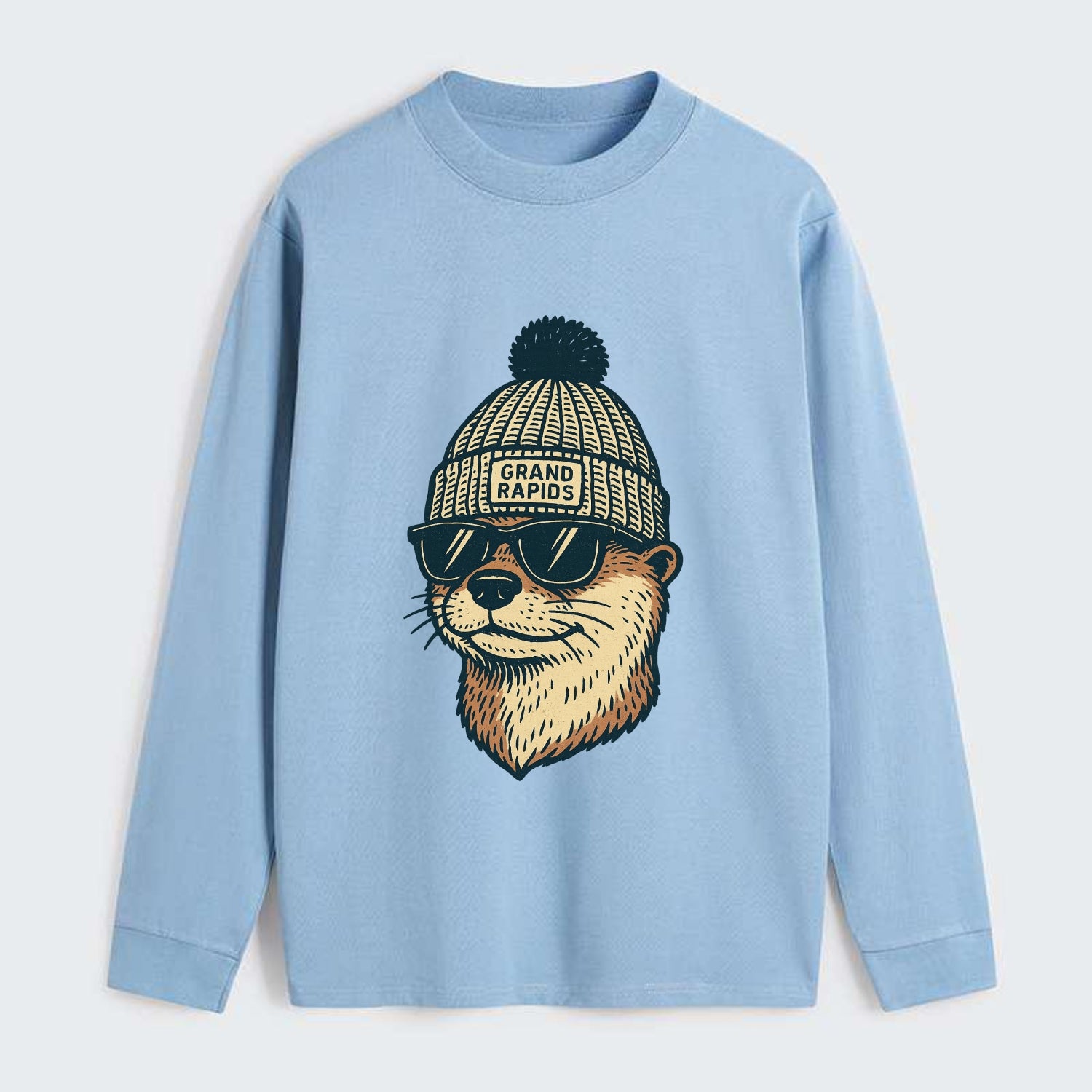 Grand Rapids River Otter wearing Grand Rapids beanie with pom pom and - Classic Long Sleeve Shirt - Light Blue
