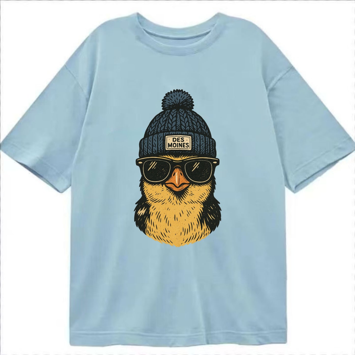 Iowa Goldfinch wearing Des Moines beanie with pom pom and wayfarer sunglasses - Classic T-shirt - Light Blue