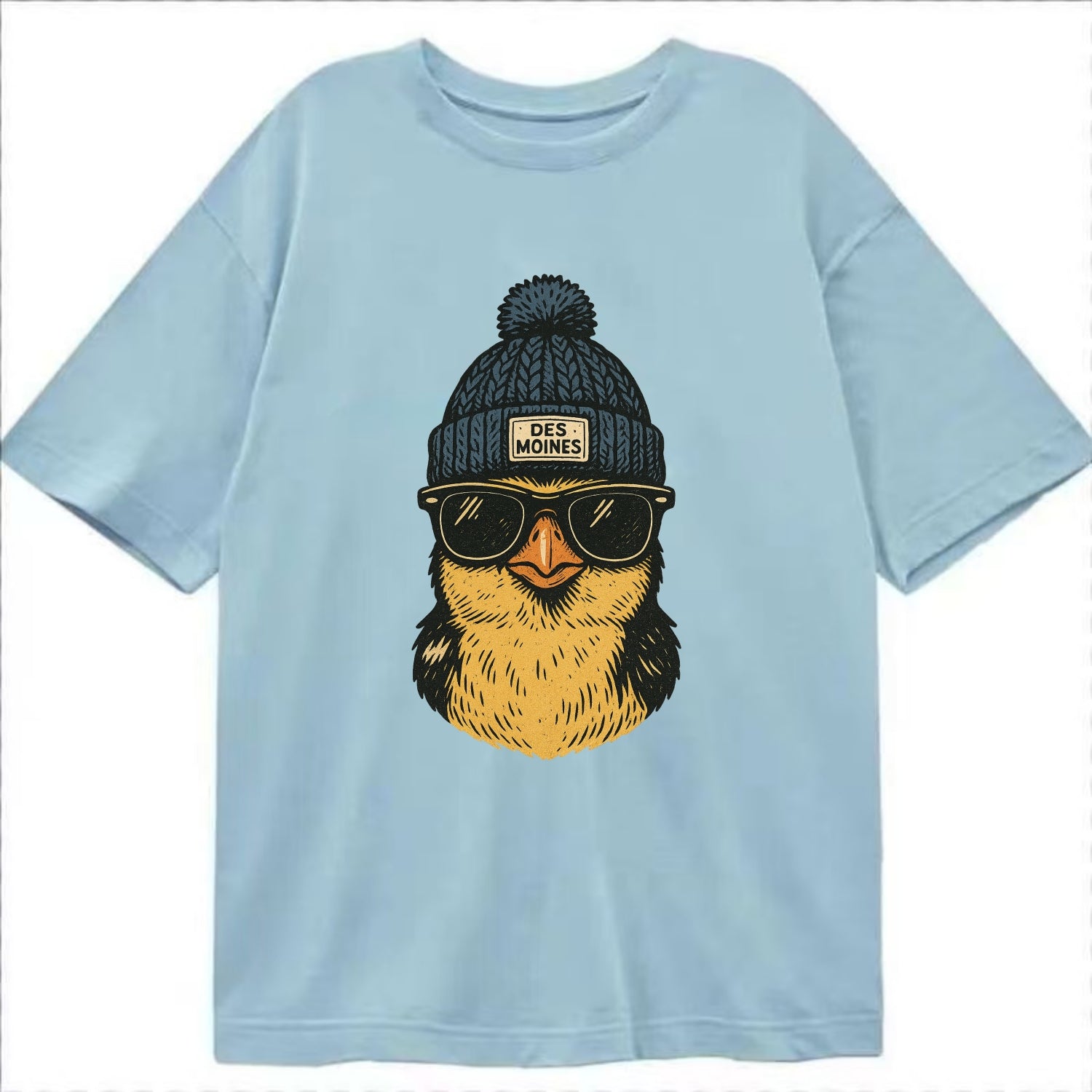 Iowa Goldfinch wearing Des Moines beanie with pom pom and wayfarer sunglasses - Classic T-shirt - Light Blue