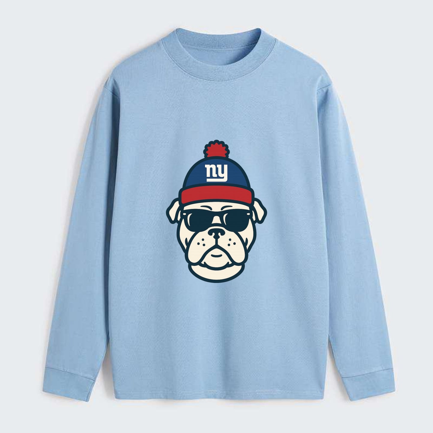 New York Bulldog wearing Giants blue and red beanie with pom pom and - Classic Long Sleeve Shirt - Light Blue