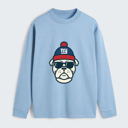 New York Bulldog wearing Giants blue and red beanie with pom pom and - Classic Long Sleeve Shirt - Light Blue