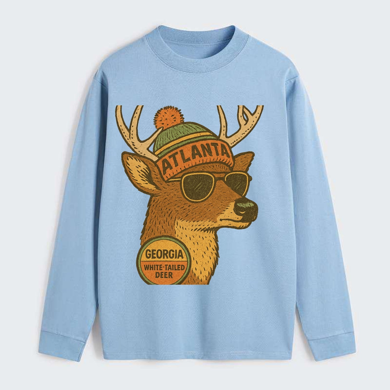 Georgia White-tailed Deer wearing Atlanta beanie with pom pom and - Classic Long Sleeve Shirt - Light Blue