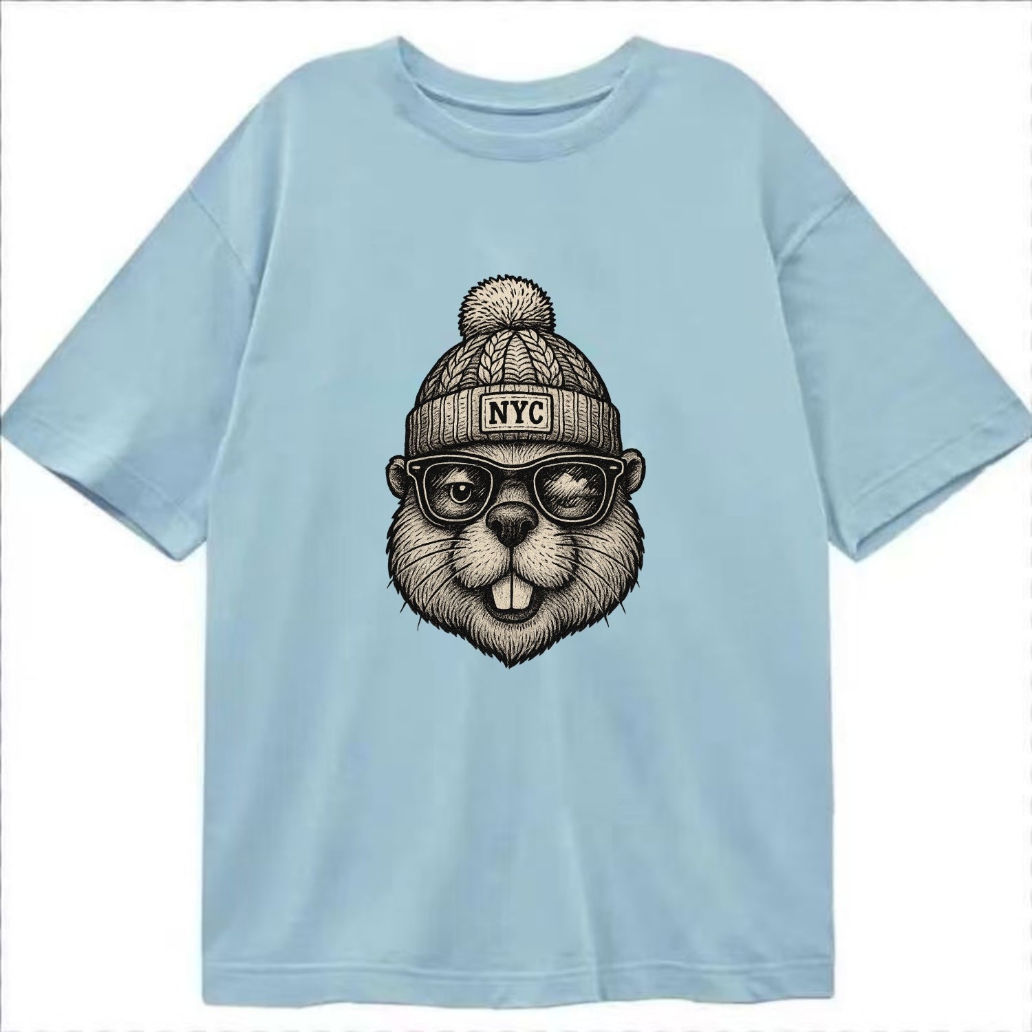 New York Beaver wearing NYC beanie with pom pom and wayfarer sunglasses - Classic T-shirt - Light Blue