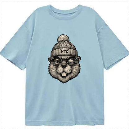 New York Beaver wearing NYC beanie with pom pom and wayfarer sunglasses - Classic T-shirt - Light Blue