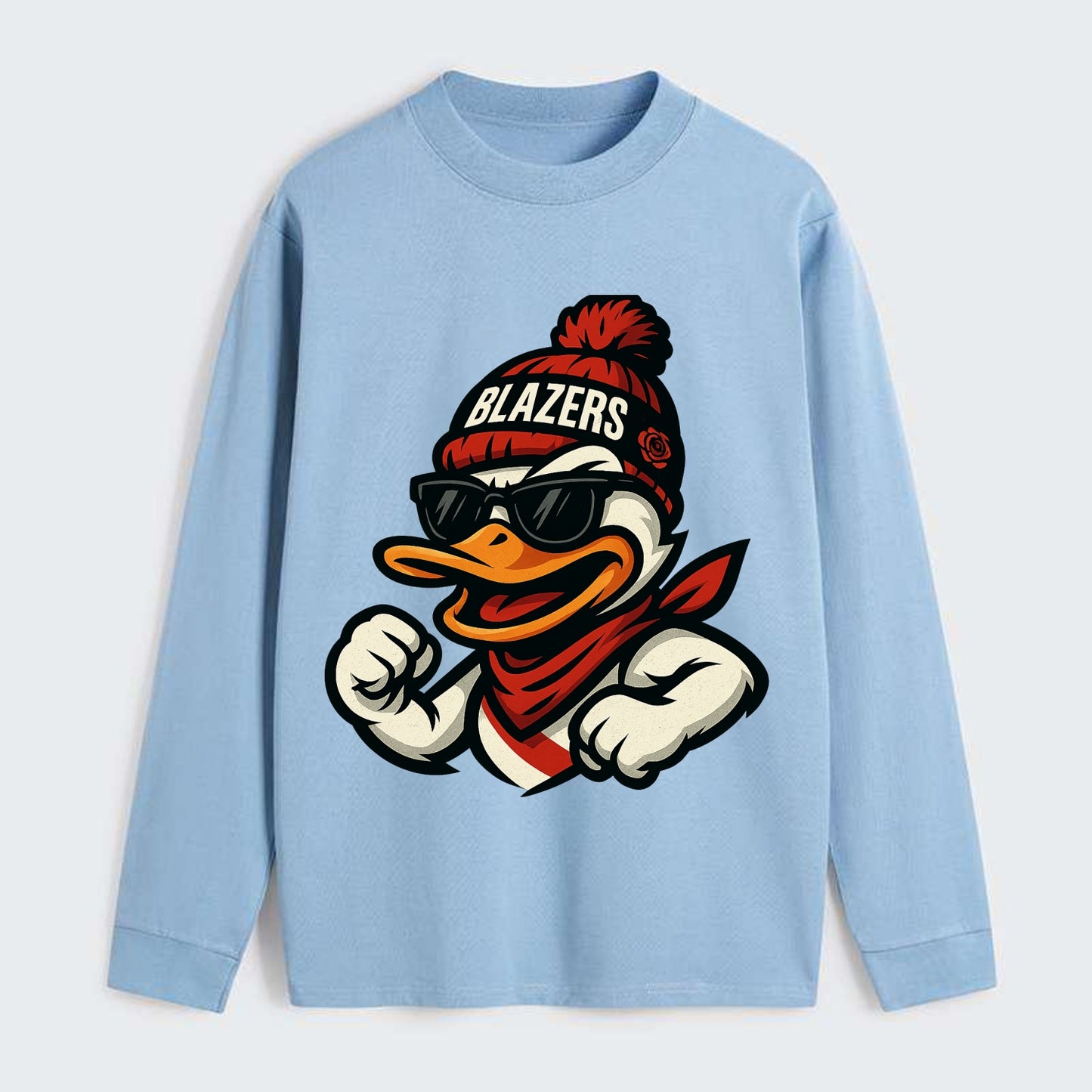 Oregon Duck wearing Trail Blazers beanie with rose patch and wayfarer - Classic Long Sleeve Shirt - Light Blue