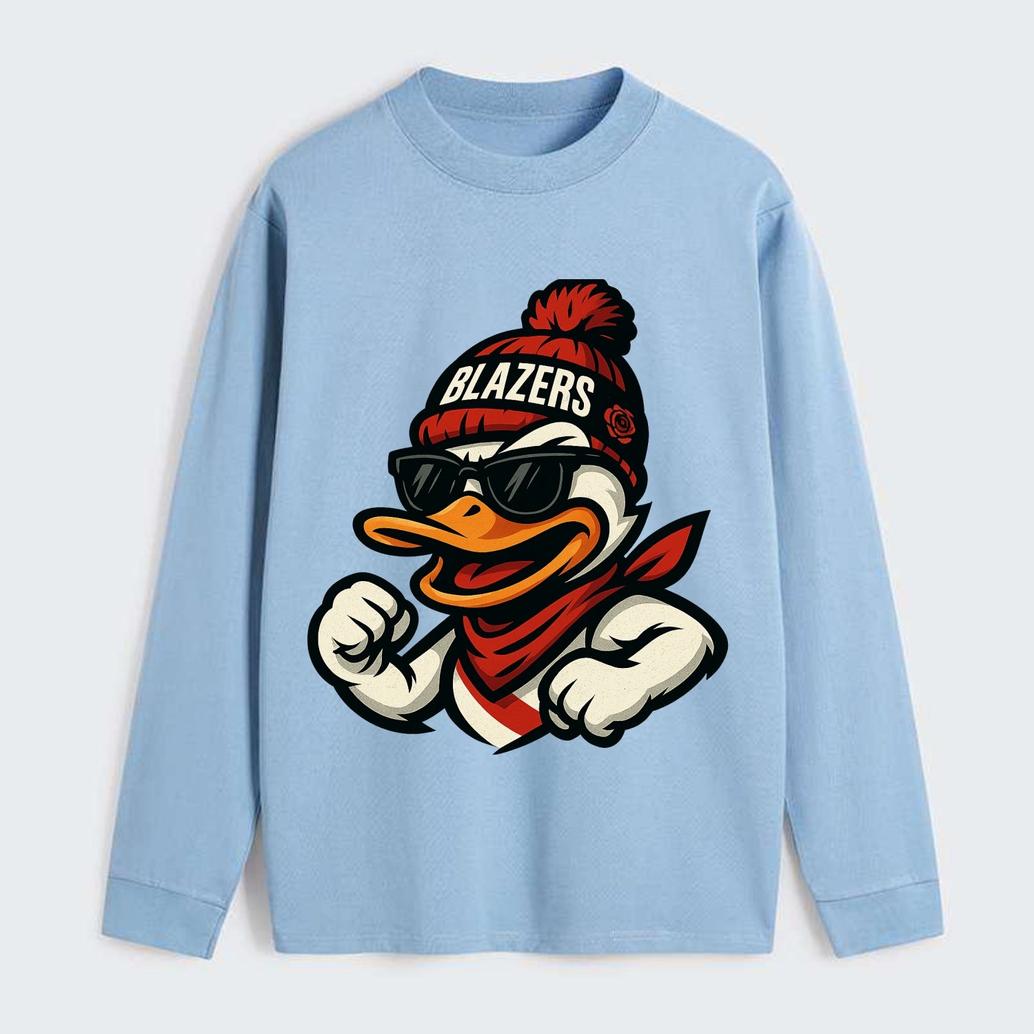 Oregon Duck wearing Trail Blazers beanie with rose patch and wayfarer - Classic Long Sleeve Shirt - Light Blue