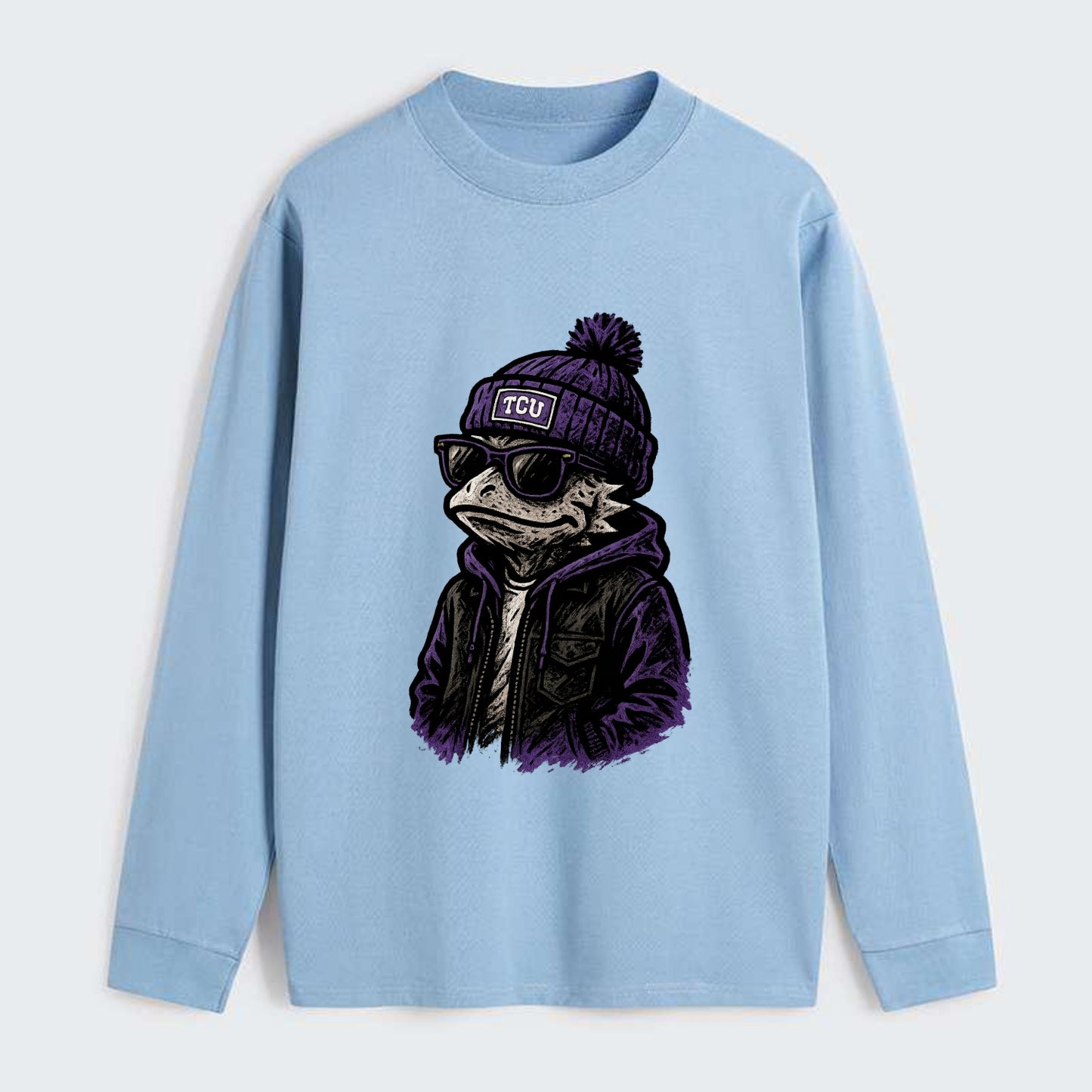 Fort Worth Frog wearing TCU beanie with horned patch - Classic Long Sleeve Shirt - Light Blue