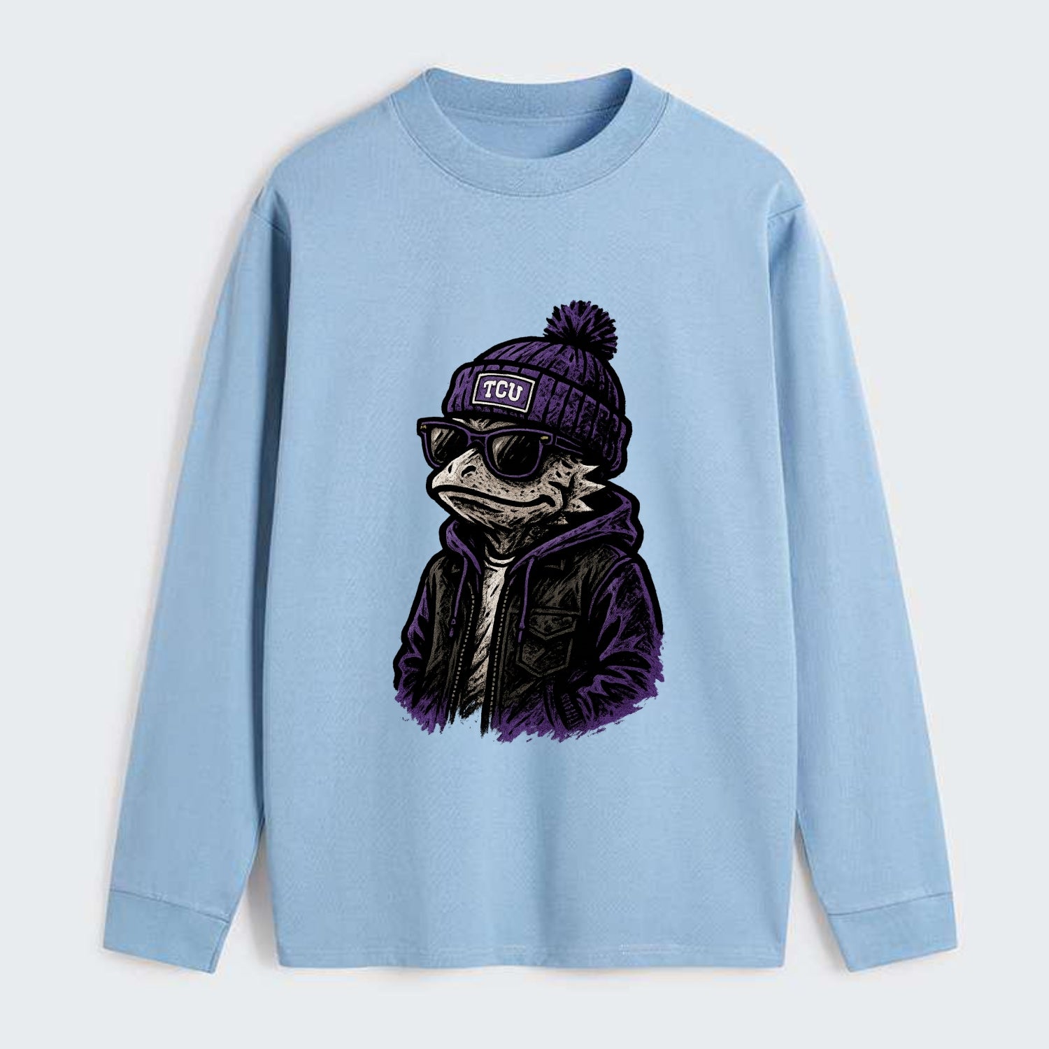 Fort Worth Frog wearing TCU beanie with horned patch - Classic Long Sleeve Shirt - Light Blue