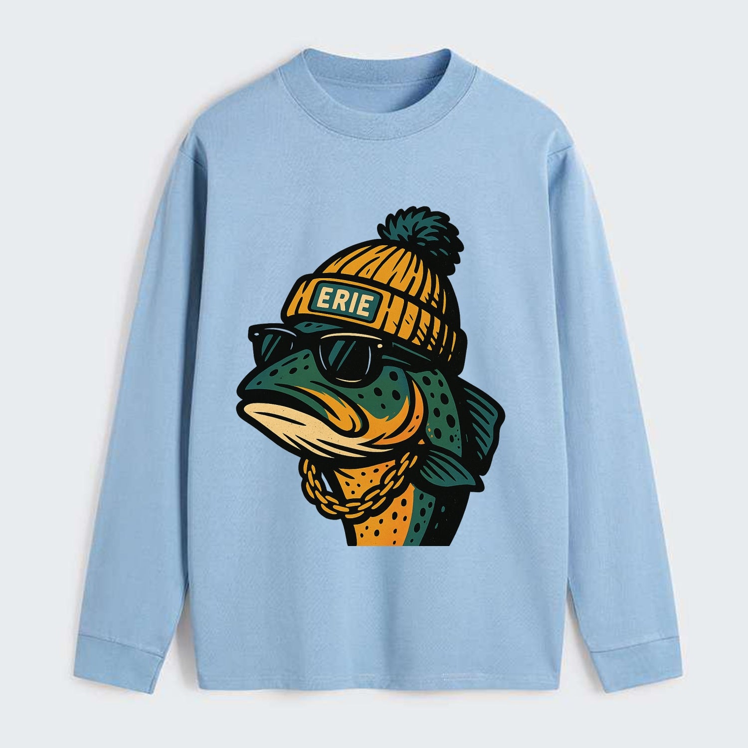 Erie Lake Trout wearing Erie beanie with pom pom and wayfarer sunglasses - Classic Long Sleeve Shirt - Light Blue