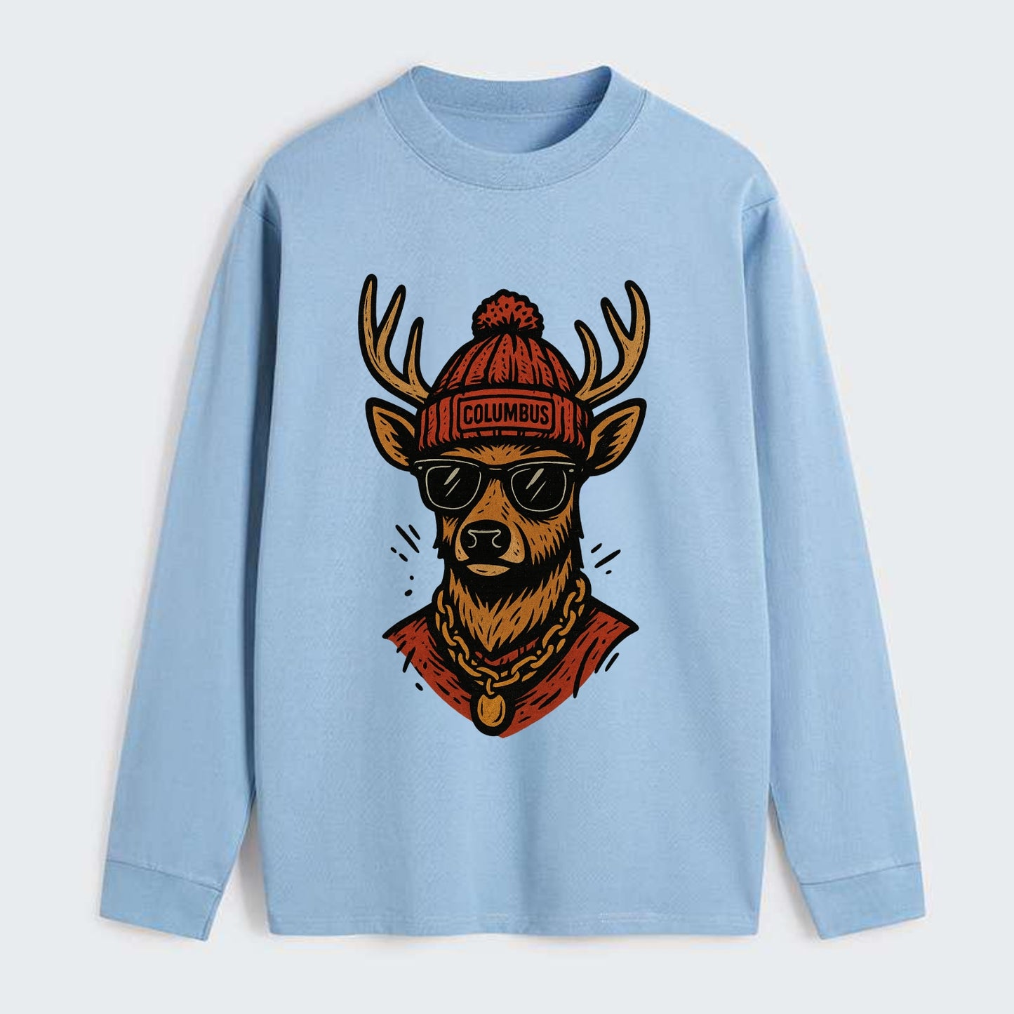Columbus White-tailed Deer wearing Columbus beanie with pom pom and - Classic Long Sleeve Shirt - Light Blue