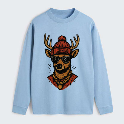 Columbus White-tailed Deer wearing Columbus beanie with pom pom and - Classic Long Sleeve Shirt - Light Blue
