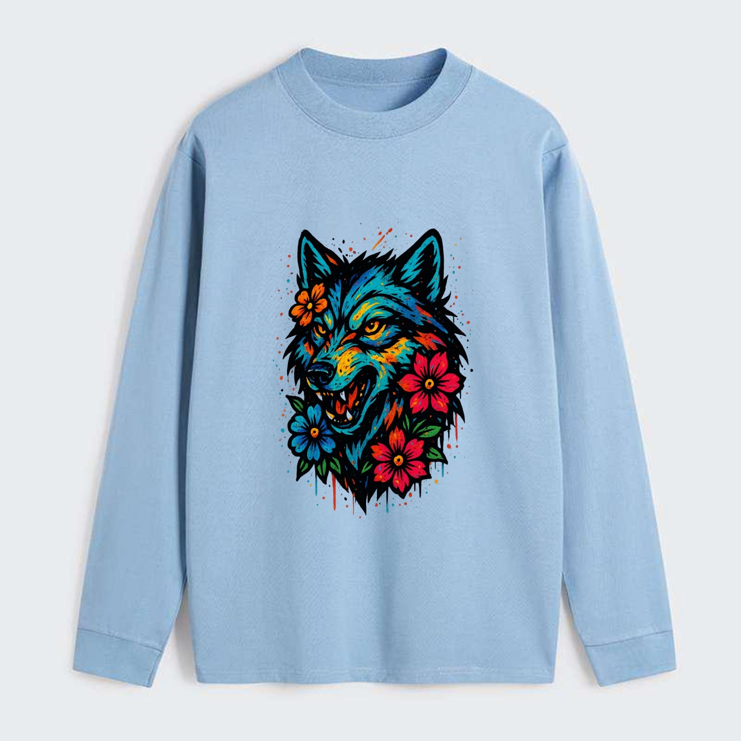 Floral Wolf Garden  - Classic Long Sleeve Shirt - Light Blue