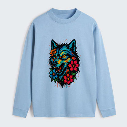 Floral Wolf Garden  - Classic Long Sleeve Shirt - Light Blue