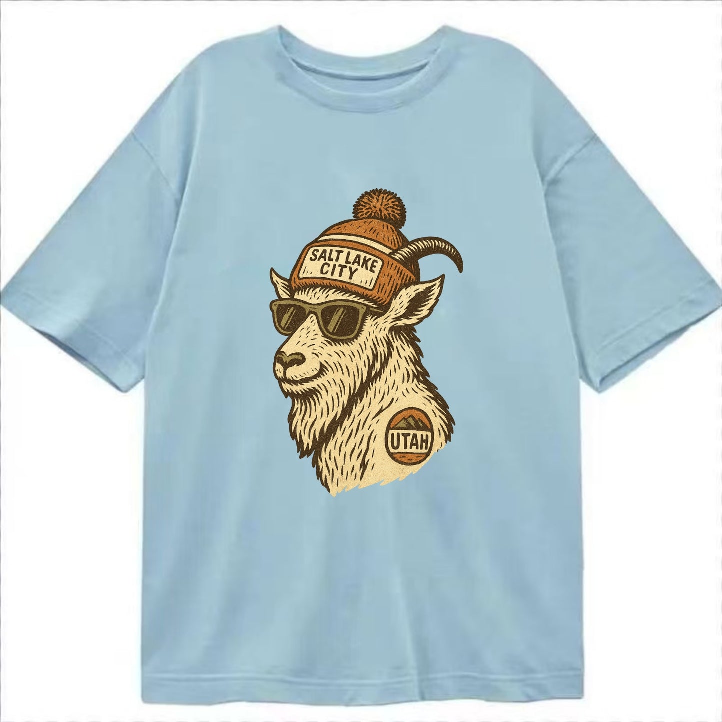 Utah Mountain Goat wearing Salt Lake City beanie with pom pom and wayfarer - Classic T-shirt - Light Blue