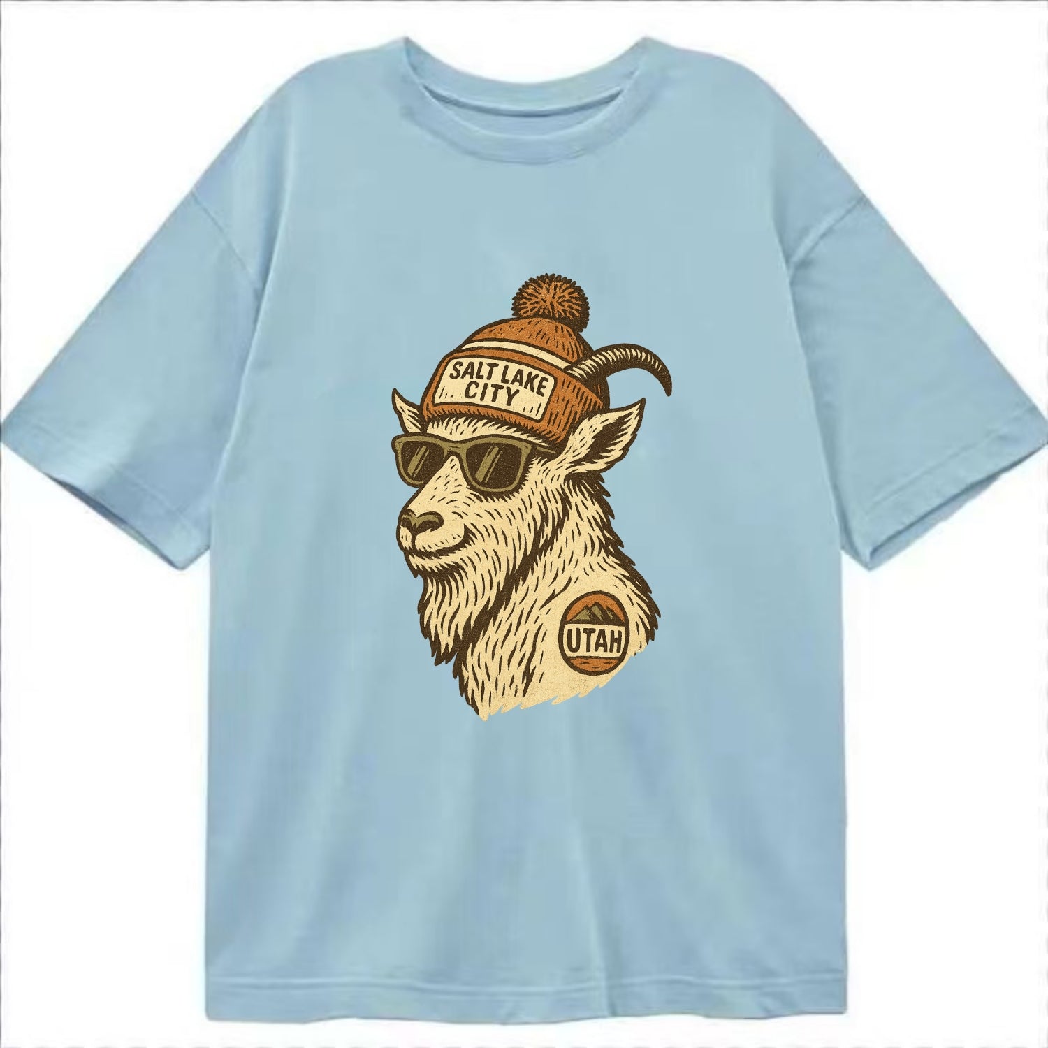 Utah Mountain Goat wearing Salt Lake City beanie with pom pom and wayfarer - Classic T-shirt - Light Blue
