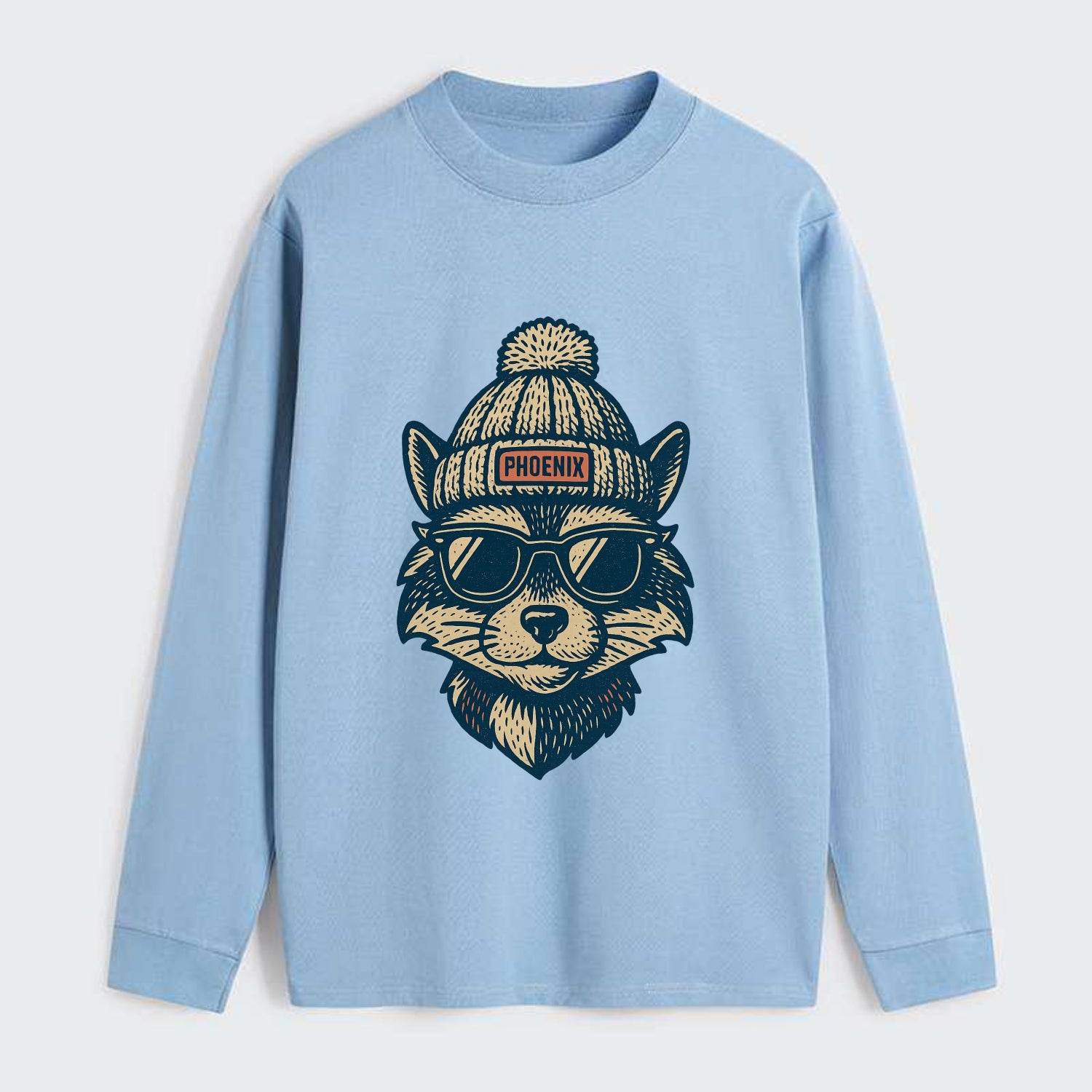 Arizona Ringtail wearing Phoenix beanie with pom pom and wayfarer - Classic Long Sleeve Shirt - Light Blue