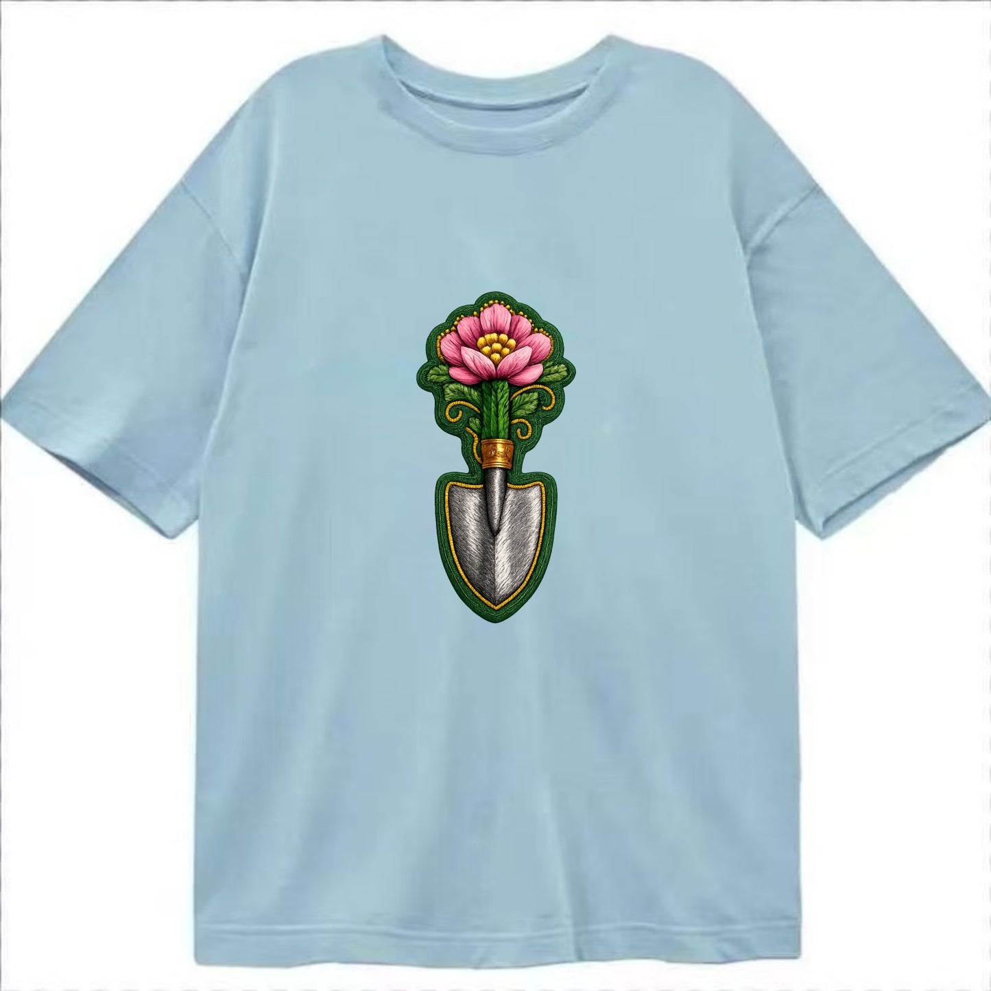 Embroidered patch design - GARDENING TROWEL FLOWER - garden tool with blooming - Classic T-shirt - Light Blue