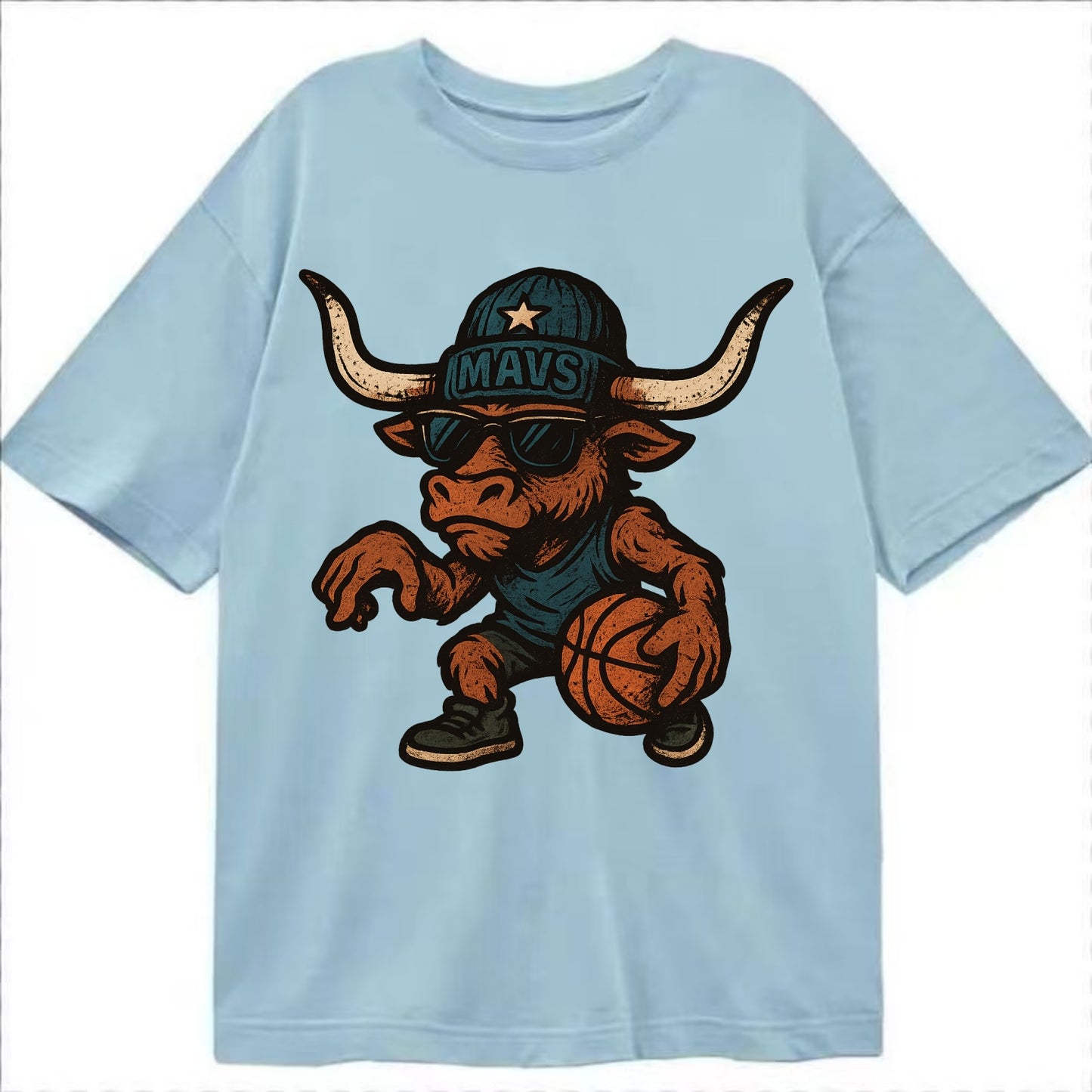 Texas Longhorn wearing Mavs beanie with lone star patch and wayfarer sunglasses - Classic T-shirt - Light Blue
