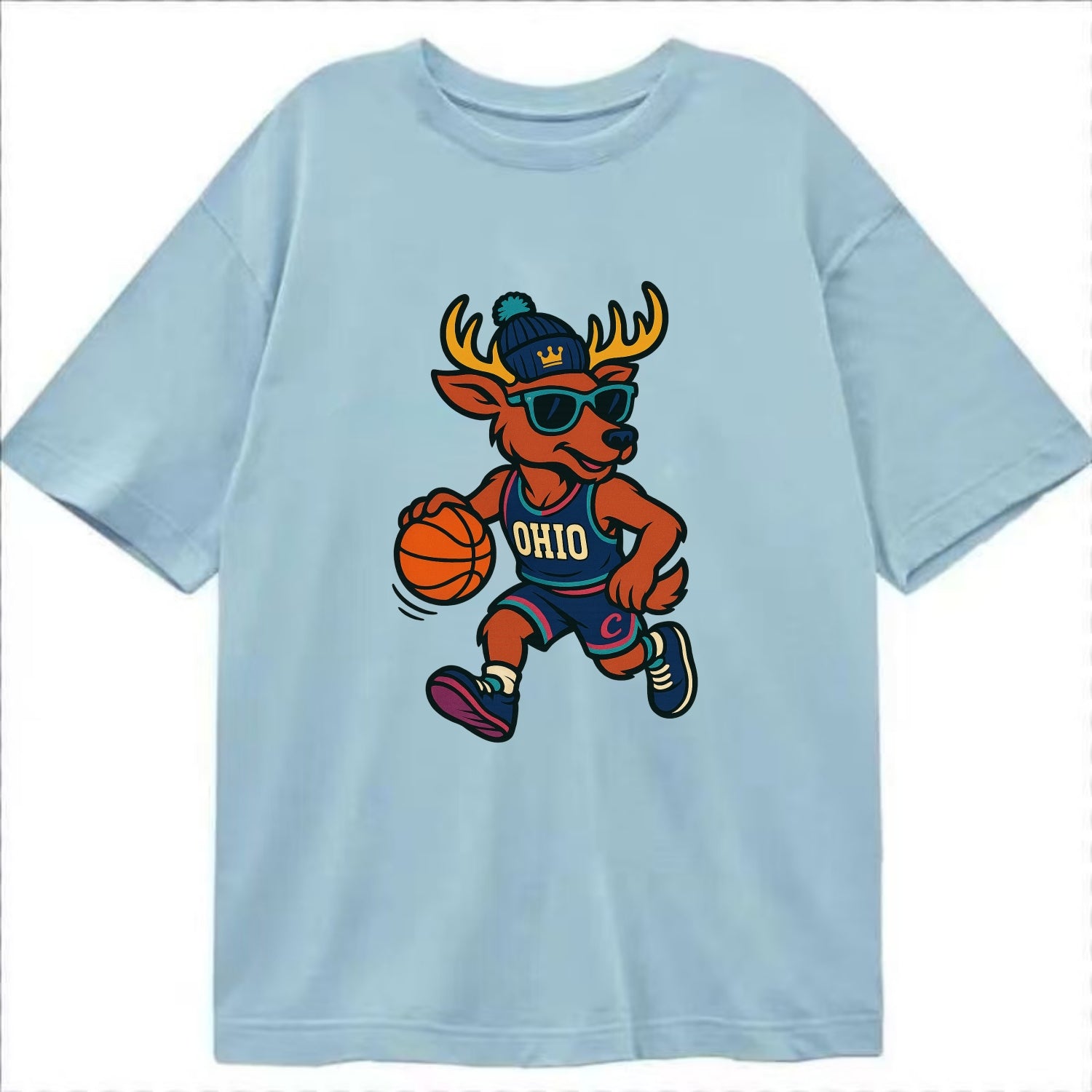 Ohio Deer wearing Cavs beanie with crown patch and wayfarer sunglasses - Classic T-shirt - Light Blue