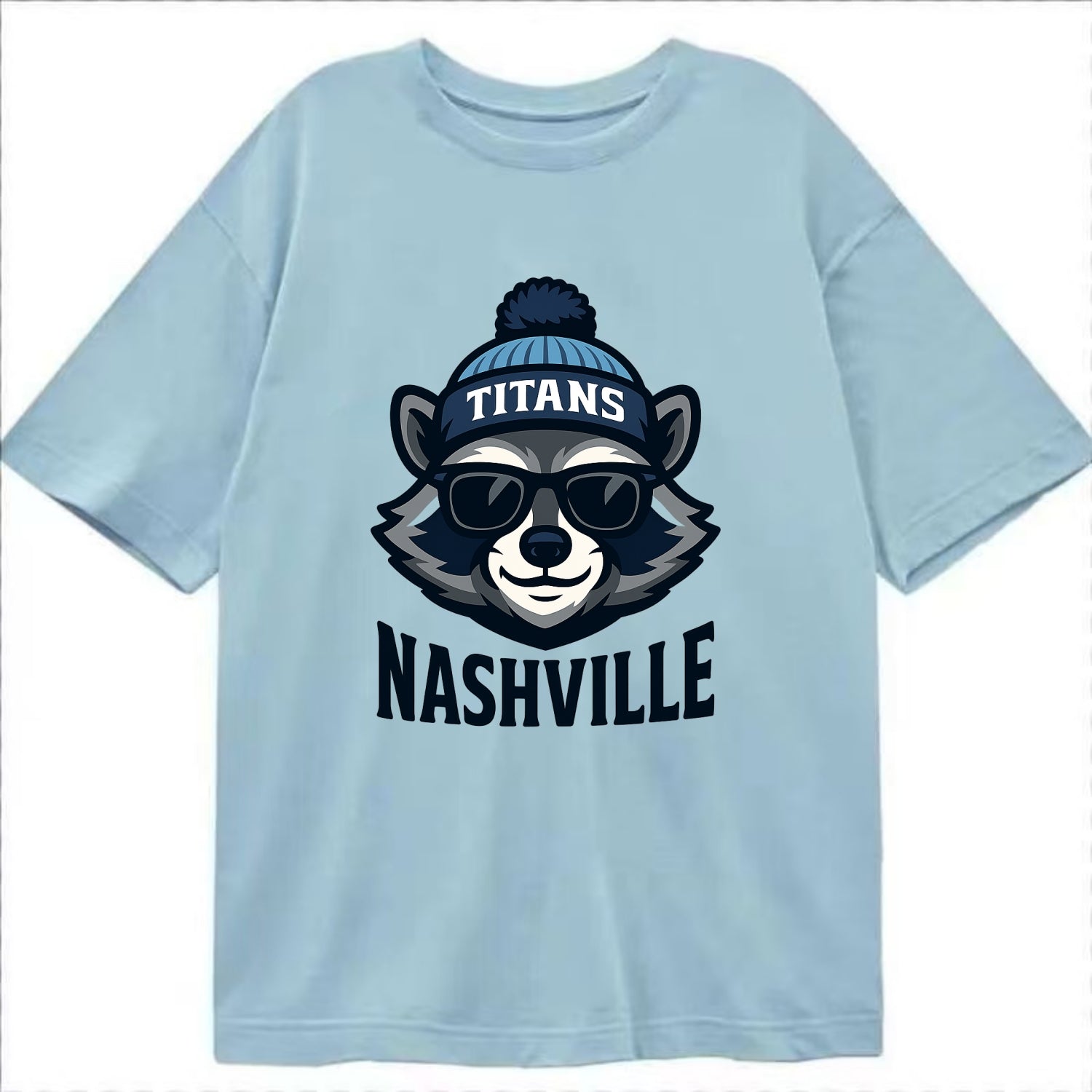Nashville Raccoon wearing Titans navy and light blue beanie with pom pom and - Classic T-shirt - Light Blue