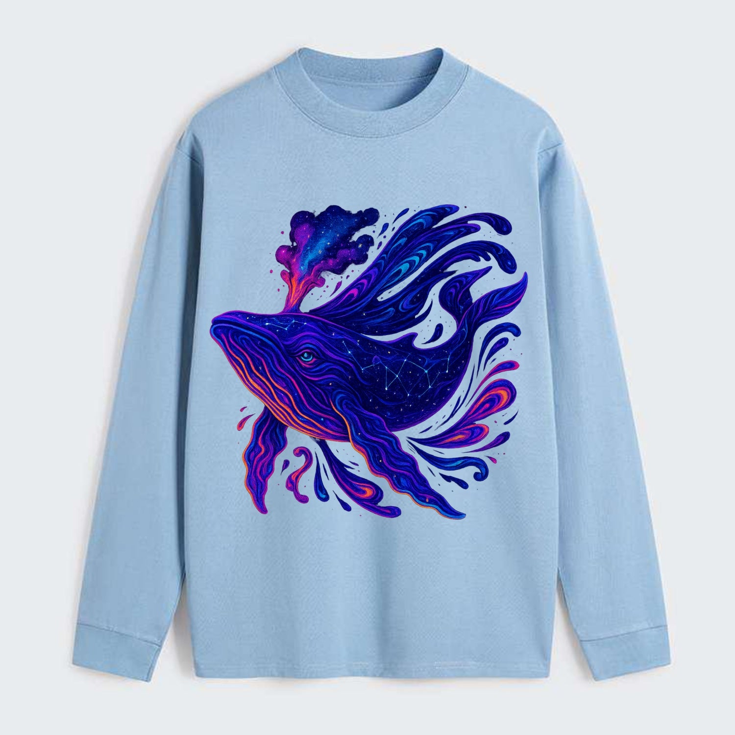 Majestic whale with body composed of galaxy clusters, stellar fins - Classic Long Sleeve Shirt - Light Blue